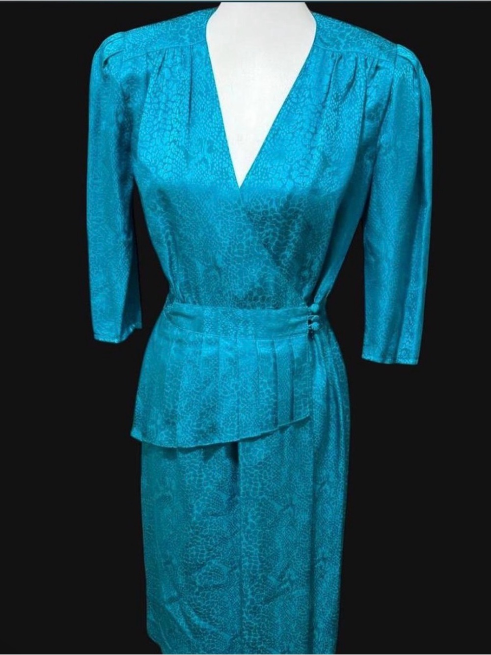 1980’s Jonathan Martin Teal 100% Silk Jacquard Dress